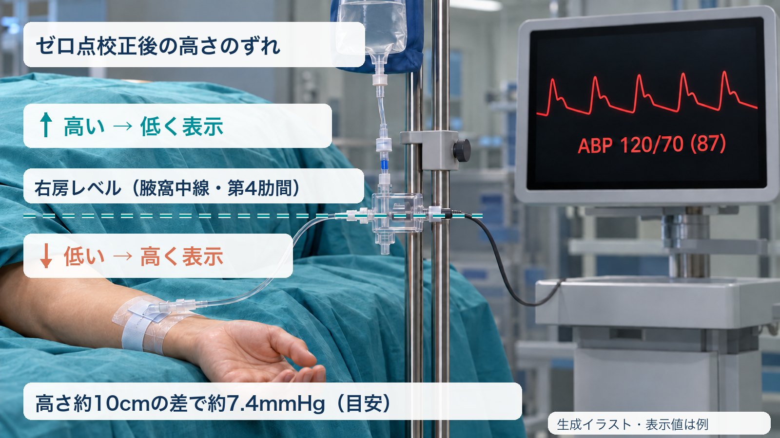 ゼロ点校正後のトランスデューサーの高さのずれ(生成イラスト)