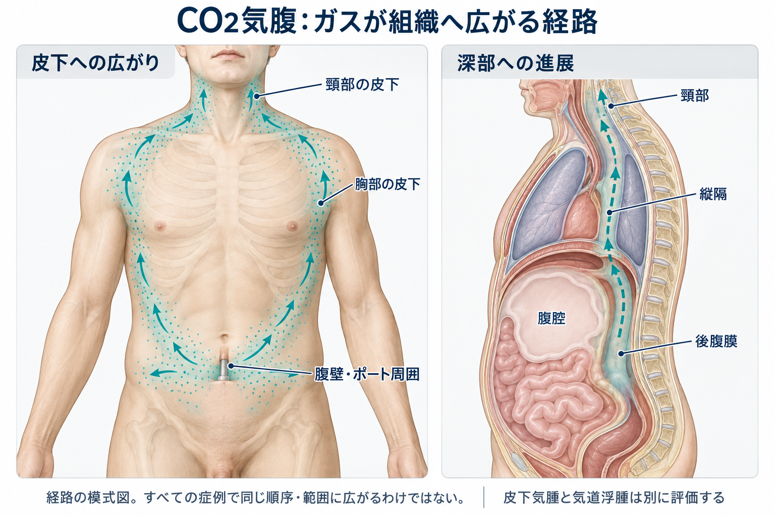 左に腹壁から胸部と頸部の皮下へ、右に後腹膜から縦隔と頸部へガスが進展し得る経路を示す人体模式図