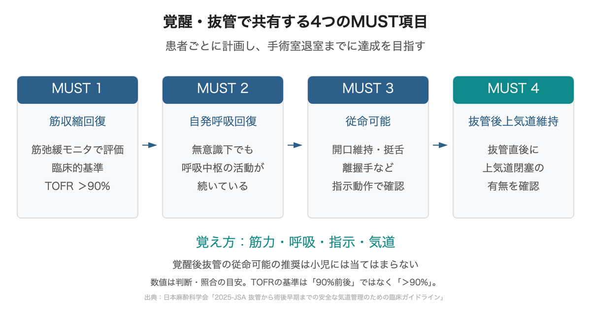 筋収縮回復、自発呼吸回復、従命可能、抜管後上気道維持の4項目と確認内容
