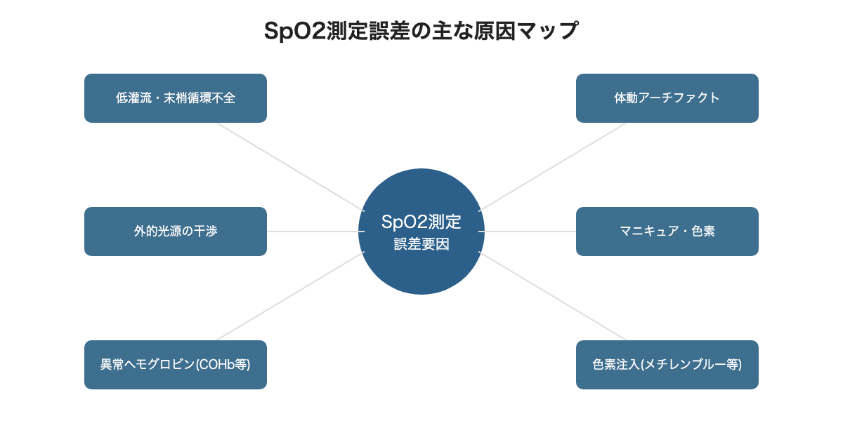 SpO2測定誤差の主な原因マップ(低灌流/体動/光干渉/色素・異常Hb)