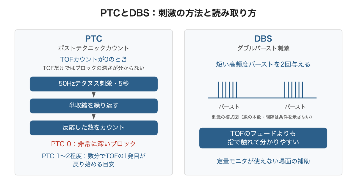 PTCとDBS:刺激の方法と読み取り方(PTC0は非常に深いブロック、PTC1〜2でTOF第1発目が戻り始める目安)